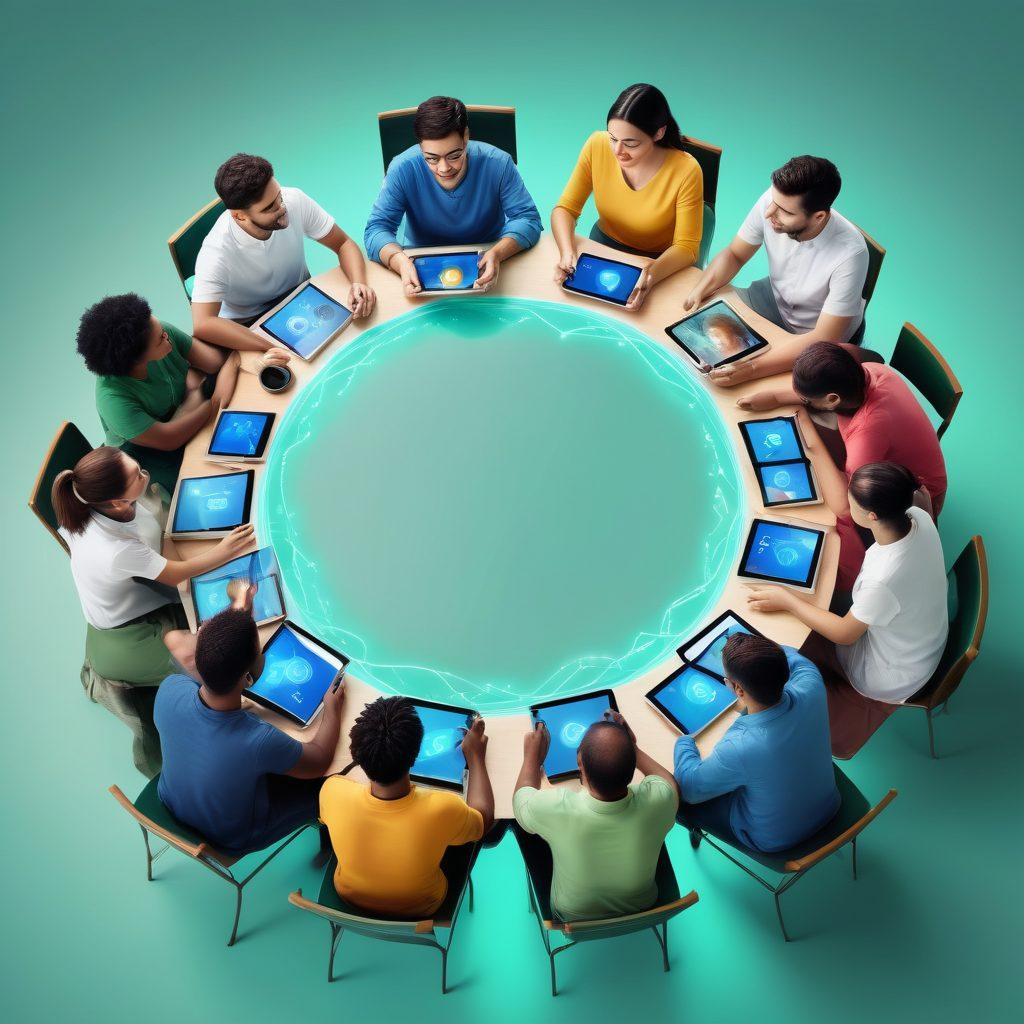 A diverse group of people sitting around a circular table, engaging in lively discussions, with digital devices in hand, symbolizing unity and partnership in the online space. Above them, vibrant digital connections in the form of glowing lines and social media icons, showcasing harmony in the digital age. The background features a soft gradient of blue and green, symbolizing tranquility and cooperation. super-realistic. vibrant colors.