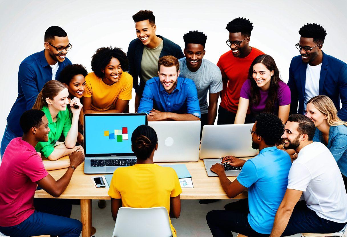 A diverse group of people from different backgrounds collaborating around a laptop, sharing ideas and digital content. Visual metaphors of interconnected networks and bridges in the background, symbolizing unity and strength. Warm, inviting colors to evoke a sense of community and cooperation. super-realistic. vibrant colors. white background.
