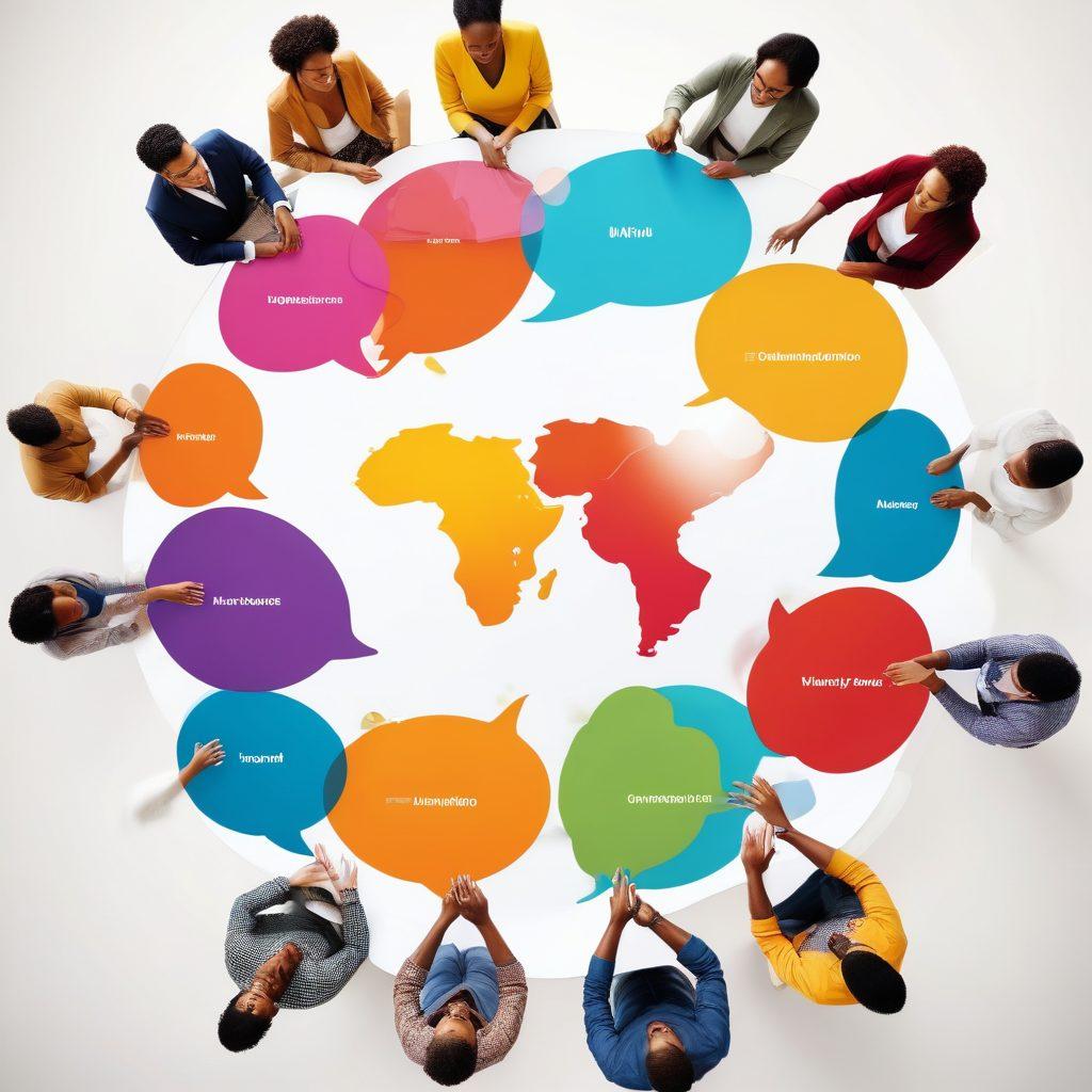 A vibrant collage depicting diverse individuals from various backgrounds working together at a round table, with colorful speech bubbles symbolizing collaboration and unity. Surrounding them, hands of different ethnicities reaching towards each other, representing solidarity. In the background, a digital world map glows to signify an online community. super-realistic. vibrant colors. white background.